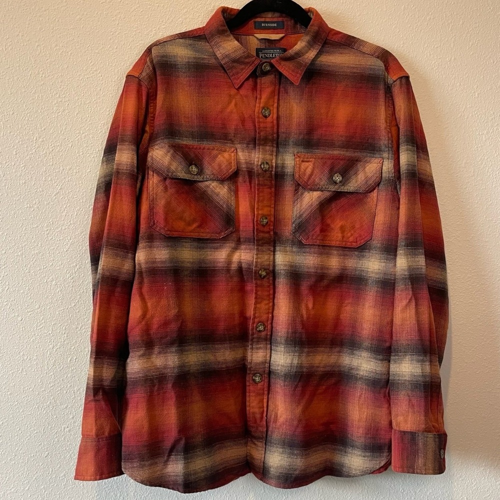 Pendleton Burnside Flannel Shirt Mens Large Orange Red Plaid Button Down L